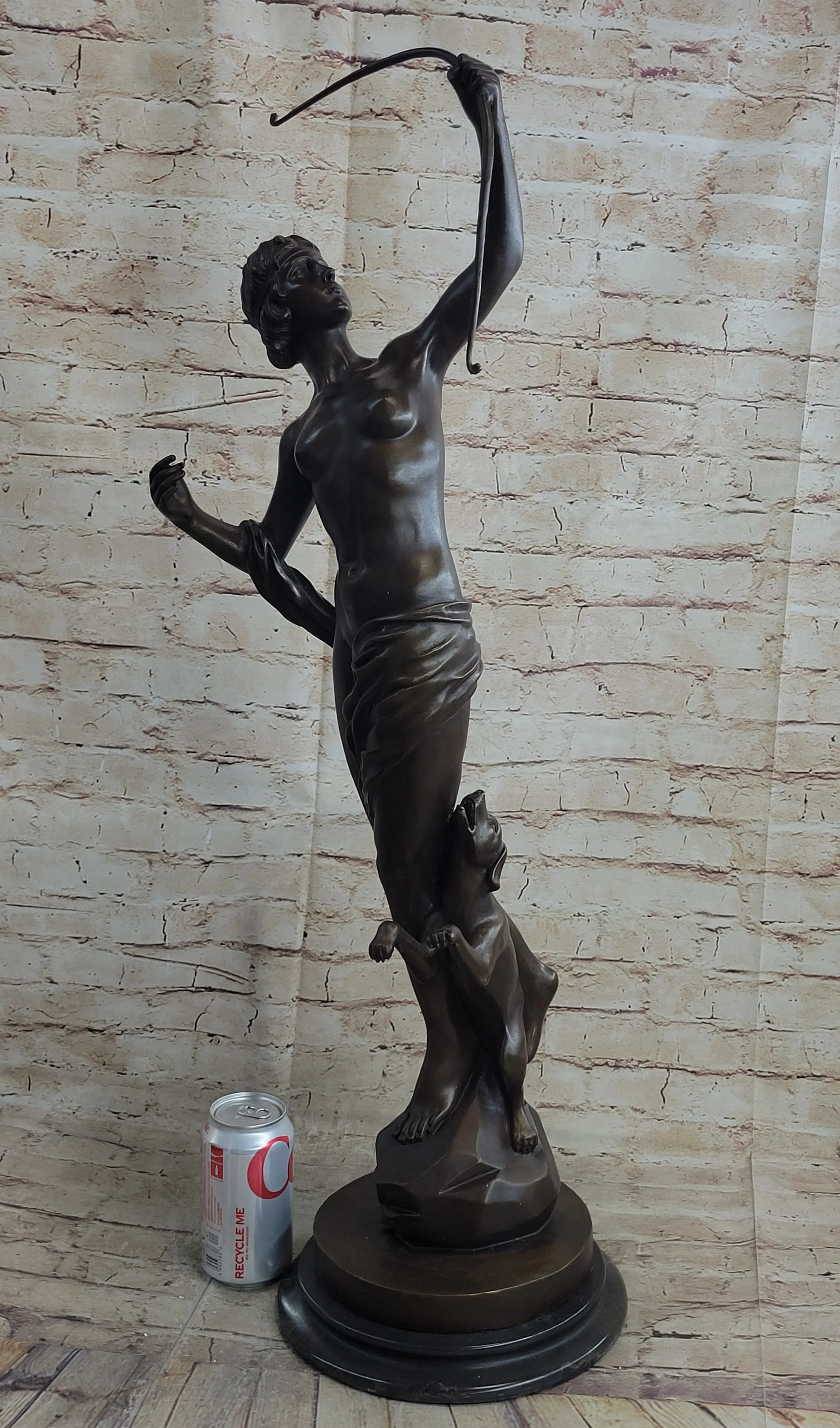Artemis Diana the Huntress Goddess with Dog Bronze Statue Sculpture Figure Marble Base